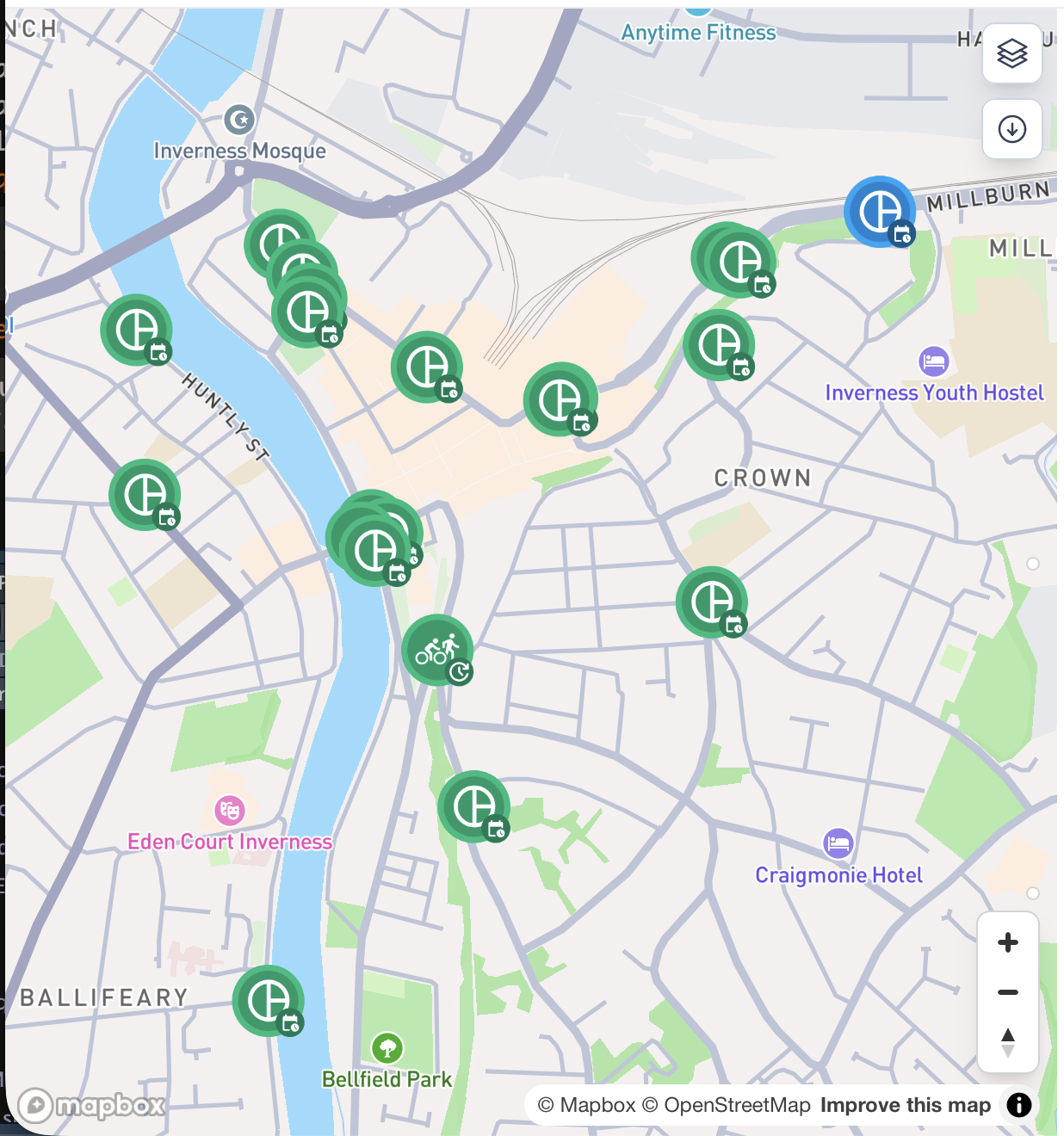 A map zoomed in on Inverness city centre on which several traffic counters are marked.